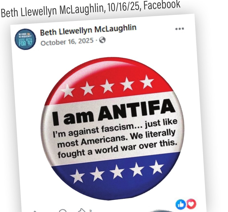 Beth Llewellyn McLaughlin Facebook post, October 16, 2025, showing an “I am ANTIFA” button