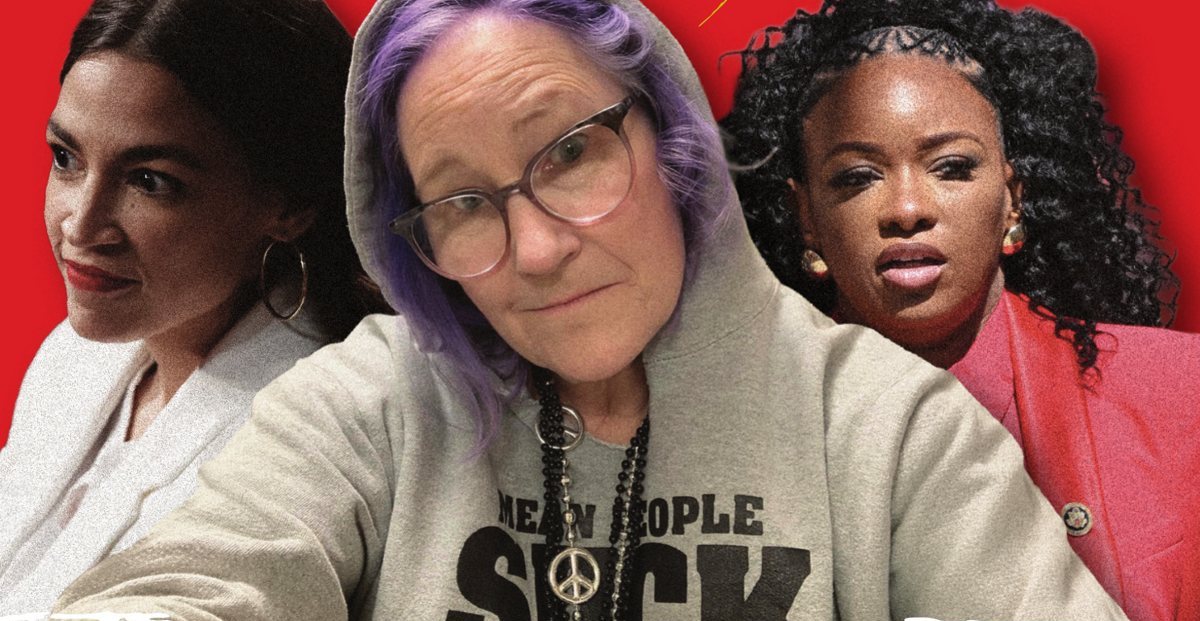 Beth Llewellyn McLaughlin in a hoodie between Alexandria Ocasio-Cortez and Jasmine Crockett
